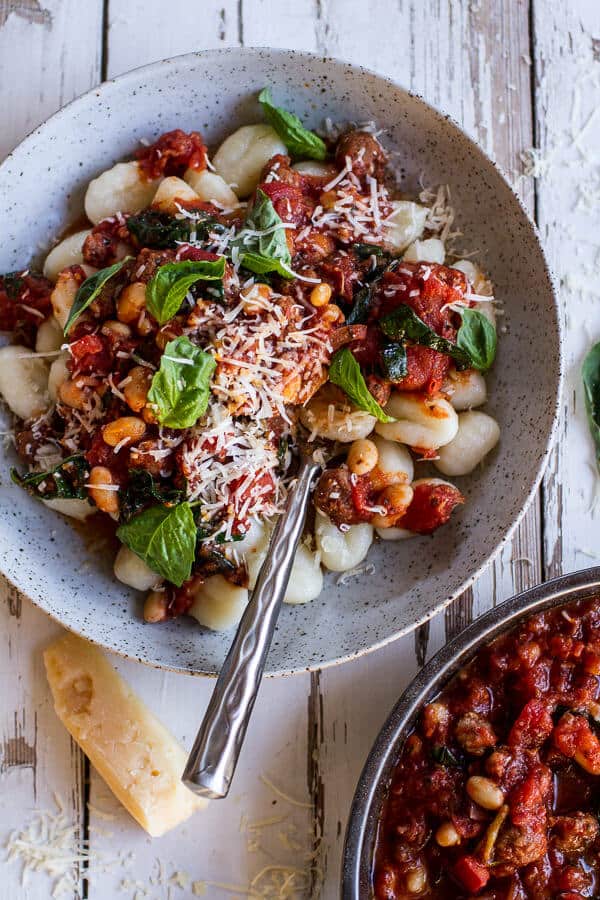 Crockpot tuscan sausage and white bean ragu with buttered gnocchi