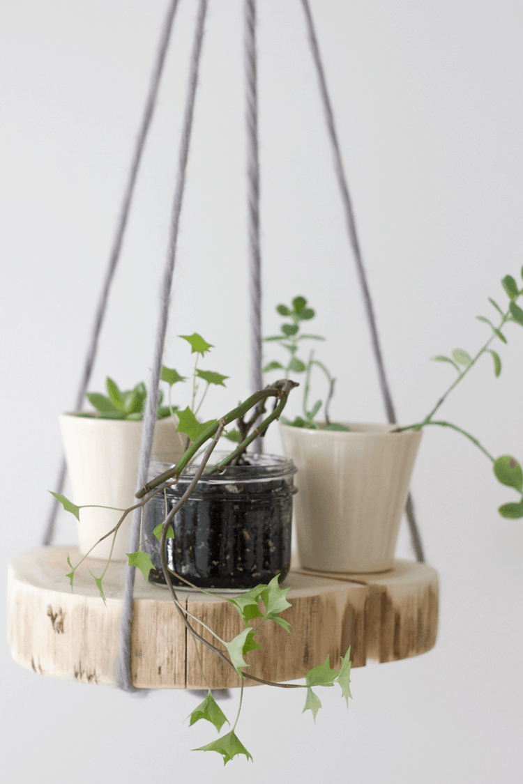 Rounded hanging wooden planter shelf