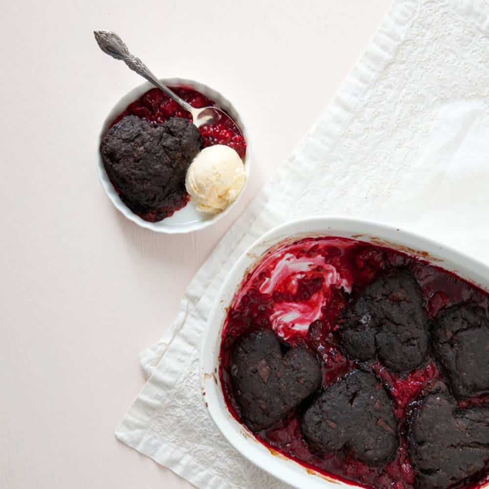 Raspberry cobbler with dark chocolate biscuits