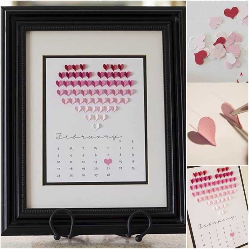 Folded paper heart framed calendar