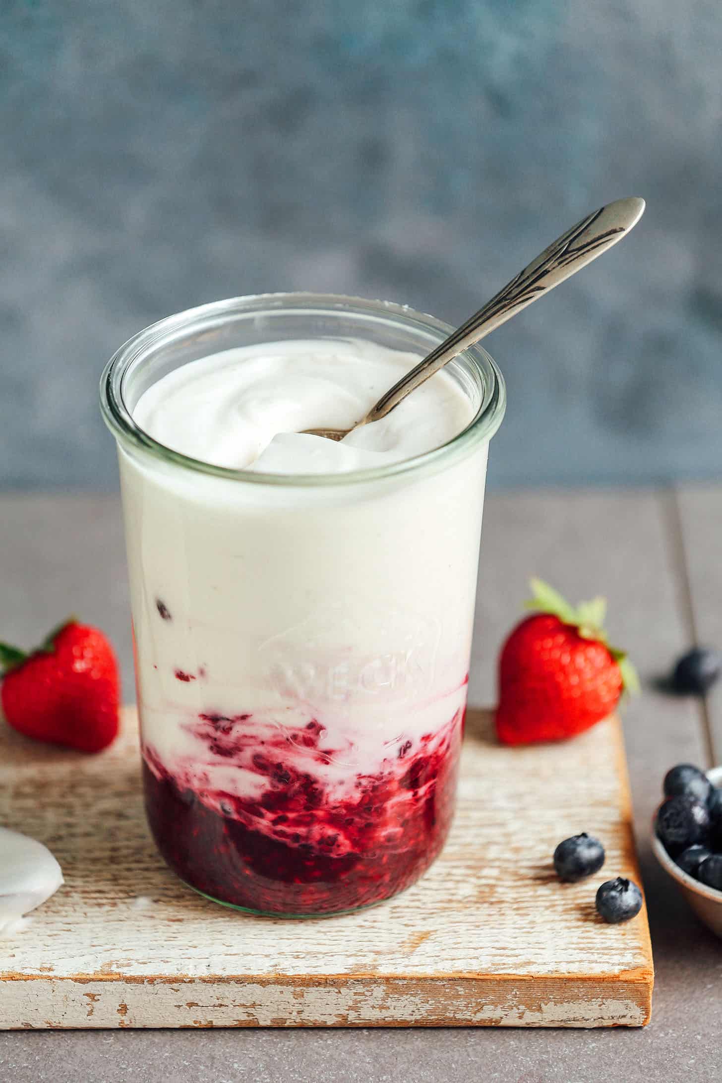 Homemade coconut yogurt with berry compote