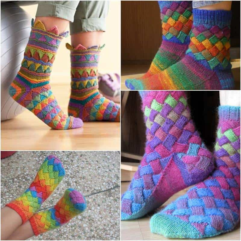 Rainbow colour patch entrelac socks