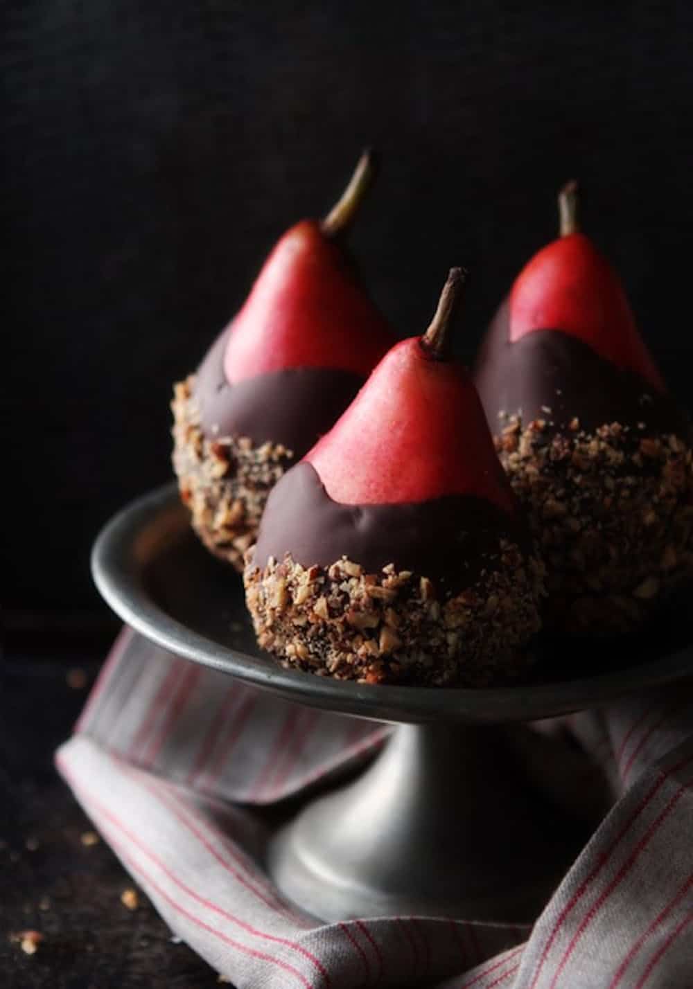 Thanksgiving Dessert - Chocolate Dipped Pears with Almond Crunch