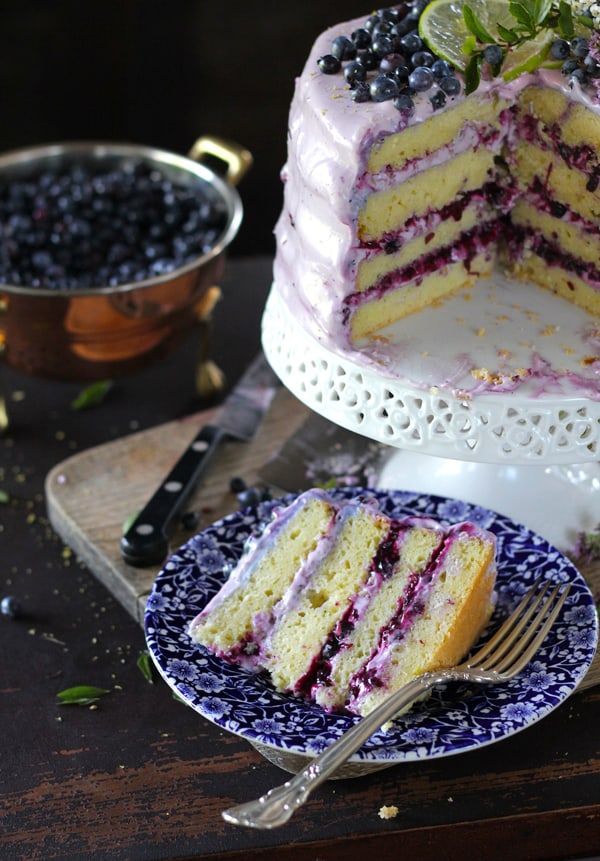Blueberry lime layer cake with whipped cream cheese and blueberry filling