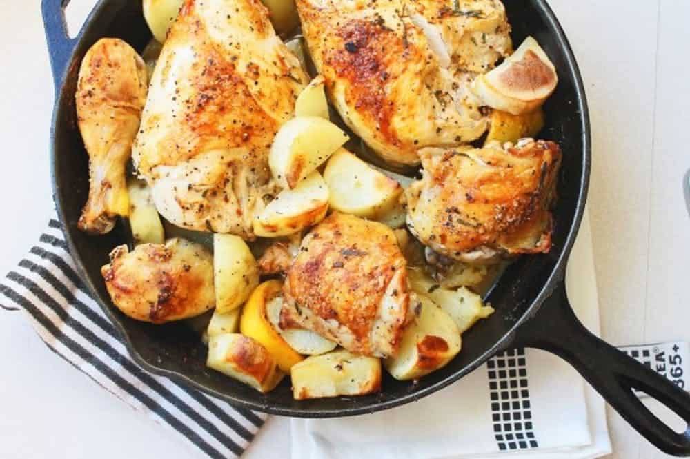 Chicken potatoes in a skillet