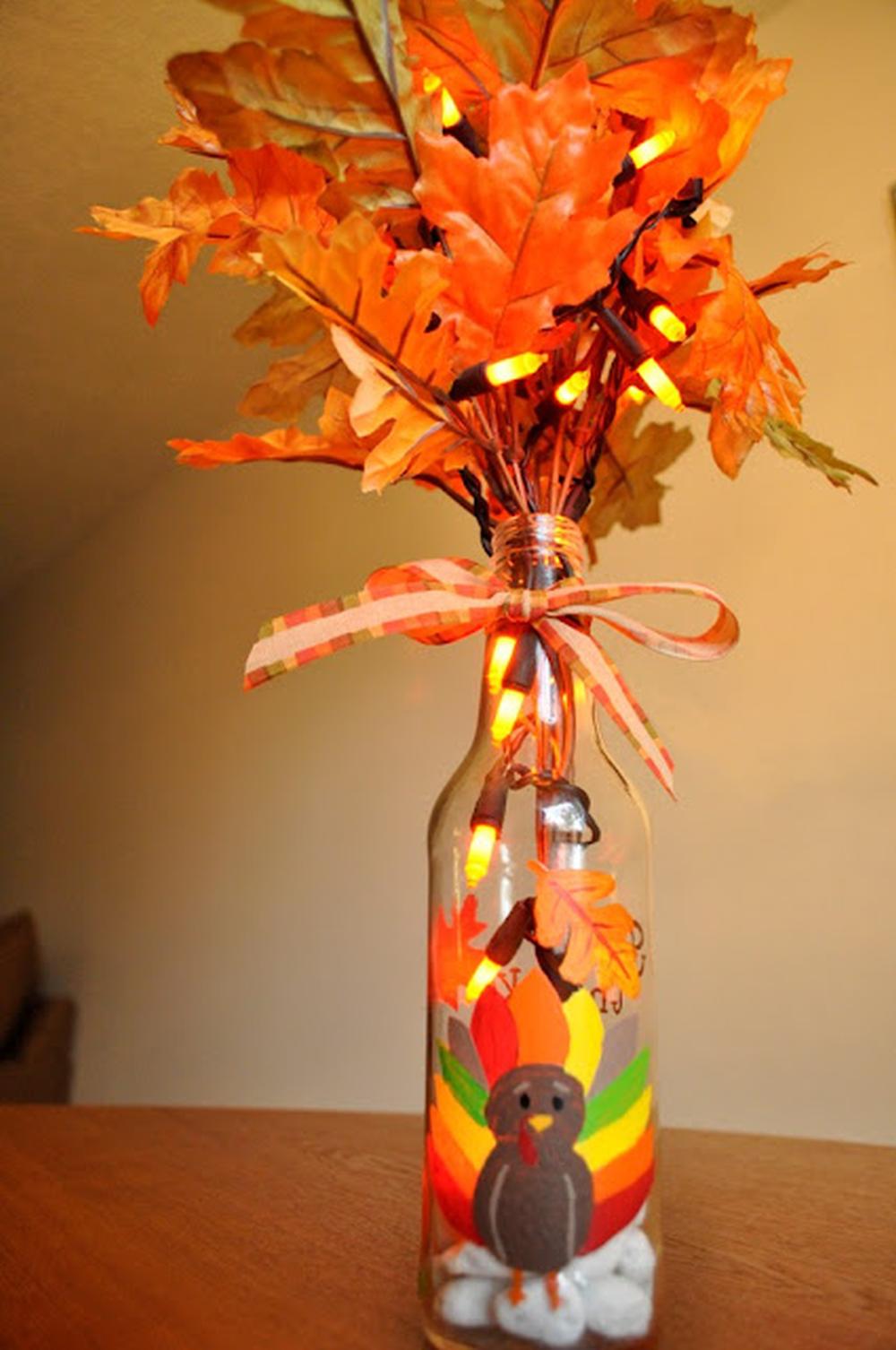 Colorful turkey wine bottle thanksgiving centerpiece