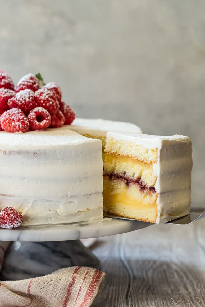 Danish layer cake with creamy vanilla pudding and raspberry jam filling