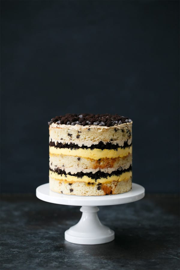 Naked buttermilk chocolat chip cake with passionfruit filling