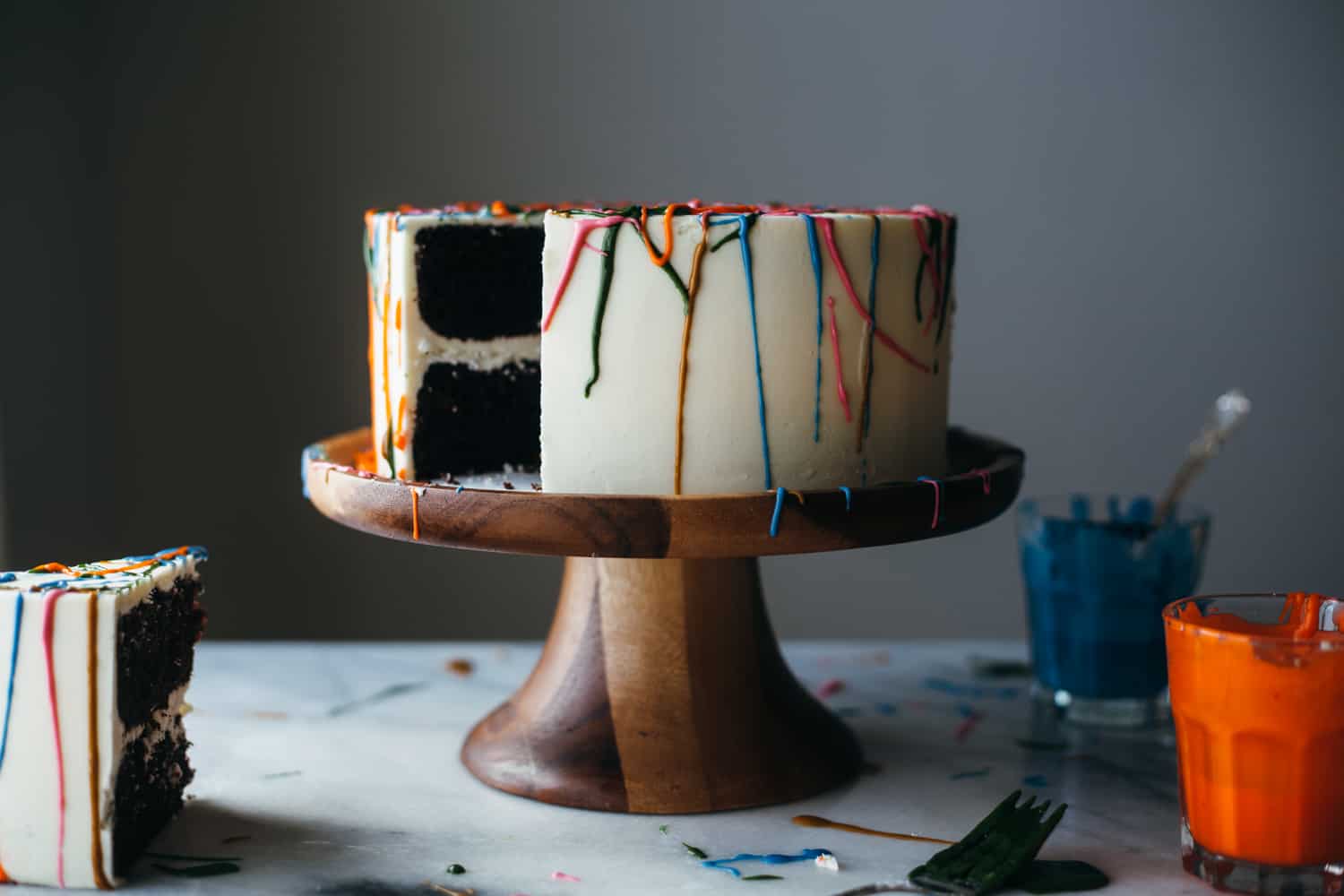 Rainbow chocolate paint splatter cake