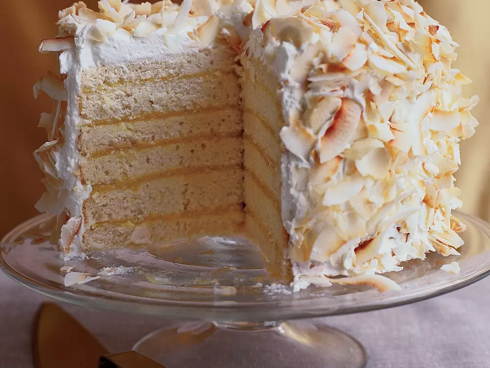Six layer coconut cake with passion fruit filling