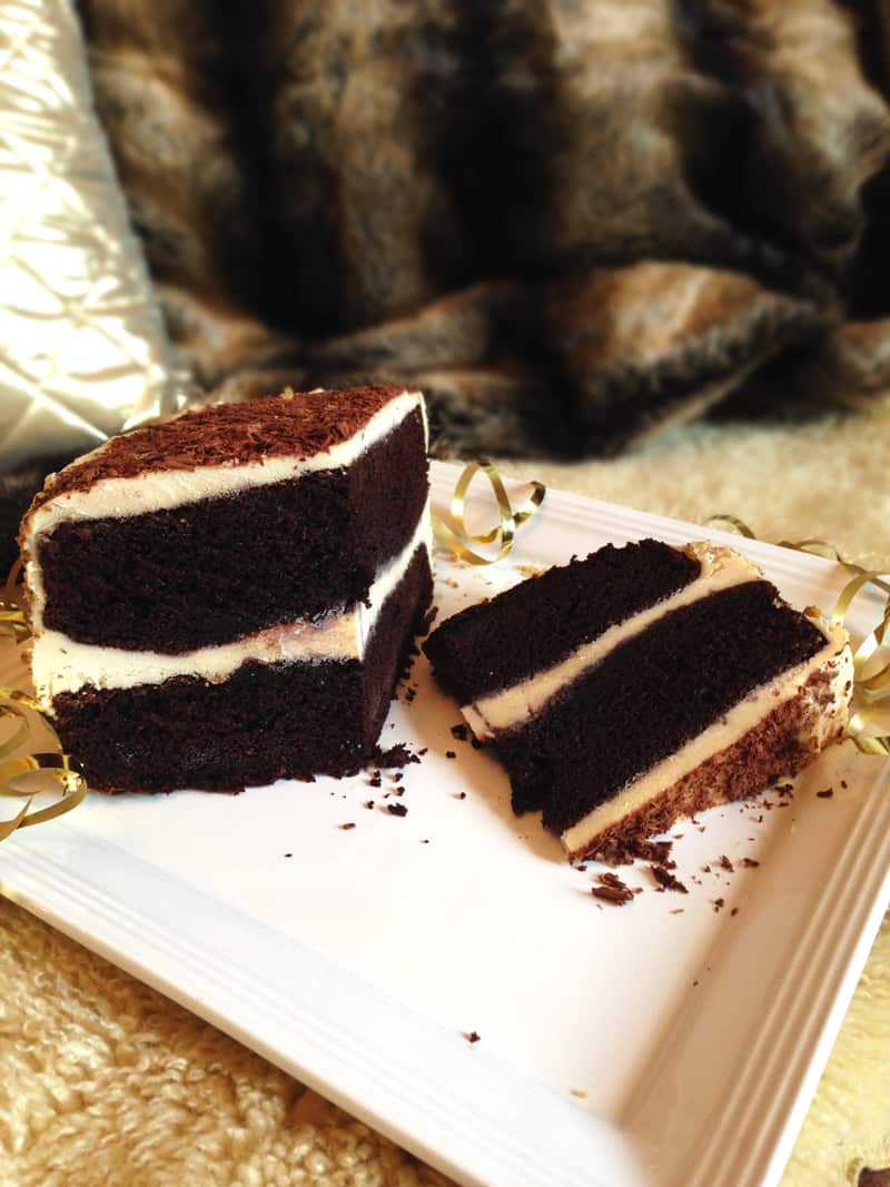 Semisweet chocolate layer cake with vanilla cream filling