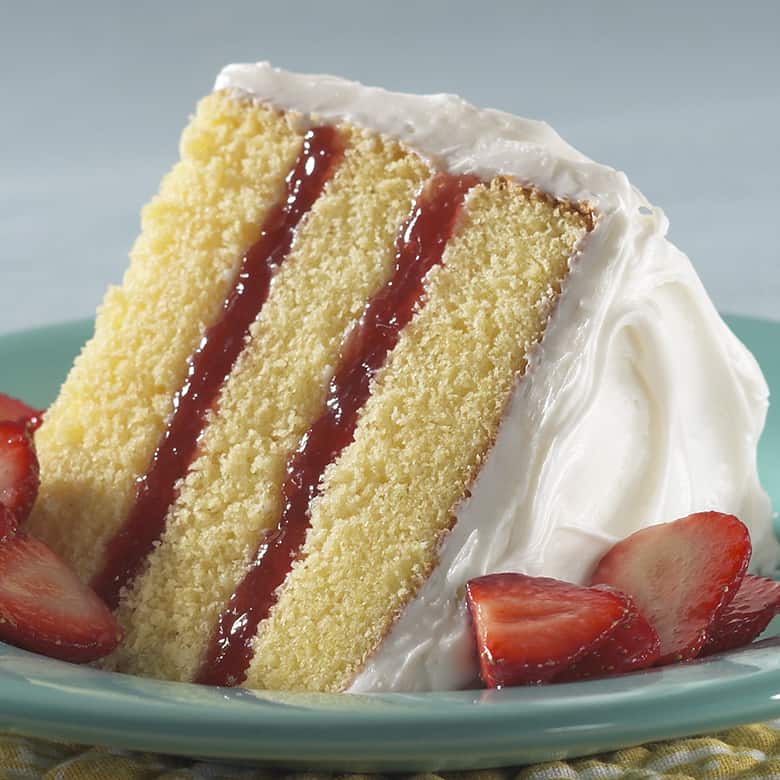 Triple layer lemon cake with strawberry jam filling