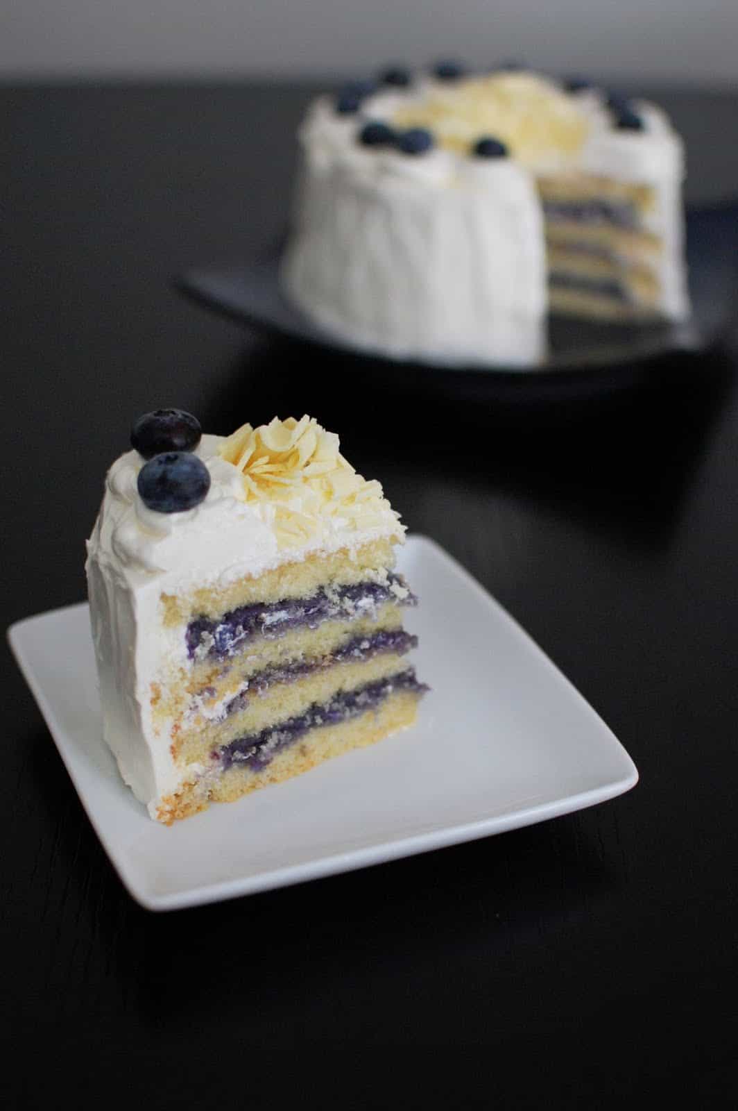 White choclate layer cake with blueberry curd filling