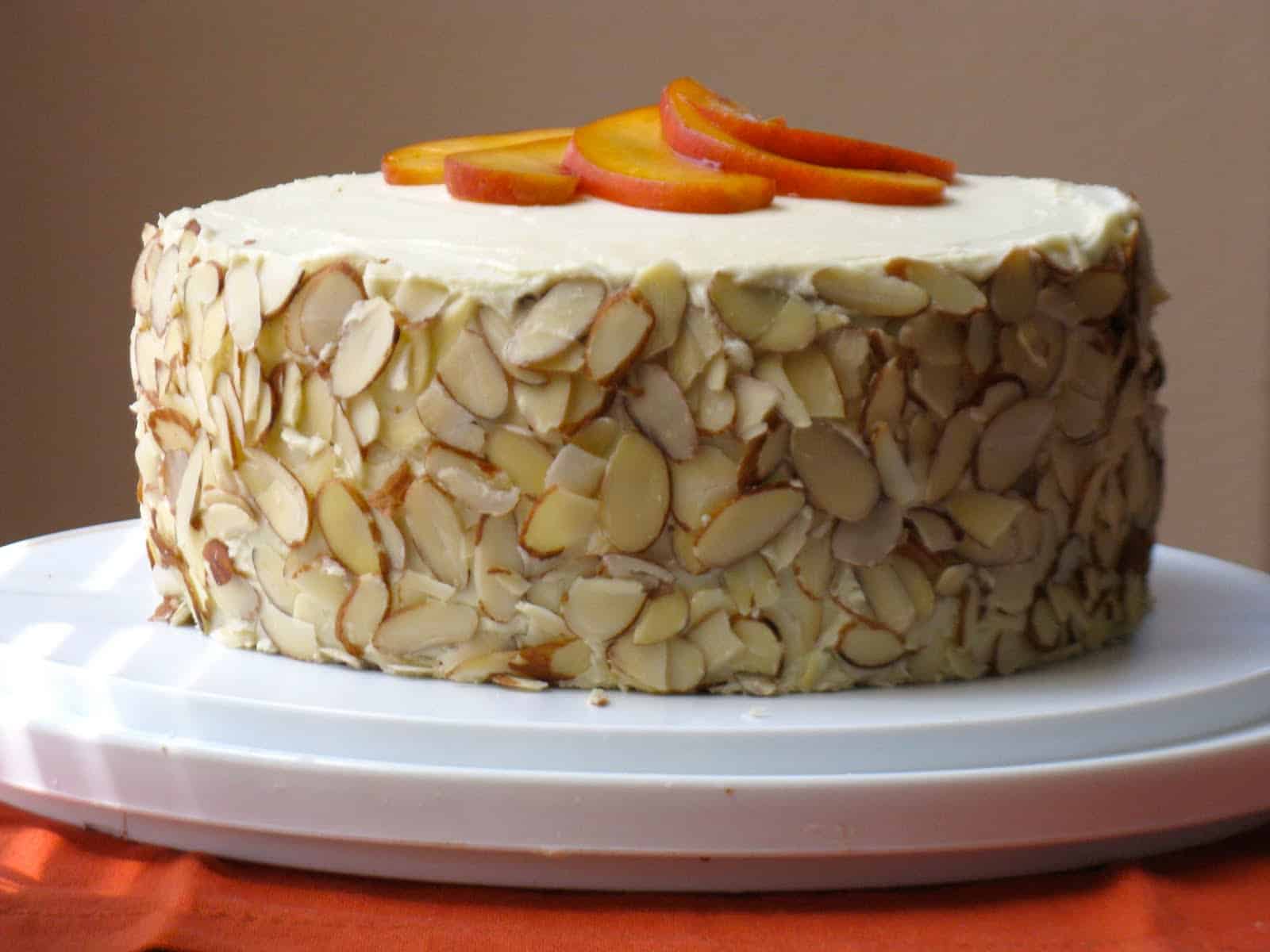 White chocolate layer cake with apricot filling and white chocolate buttercream