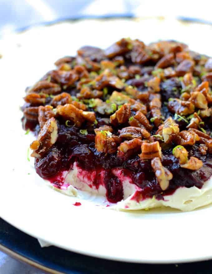 Cranberry sauce cream cheese dip with candied pecans