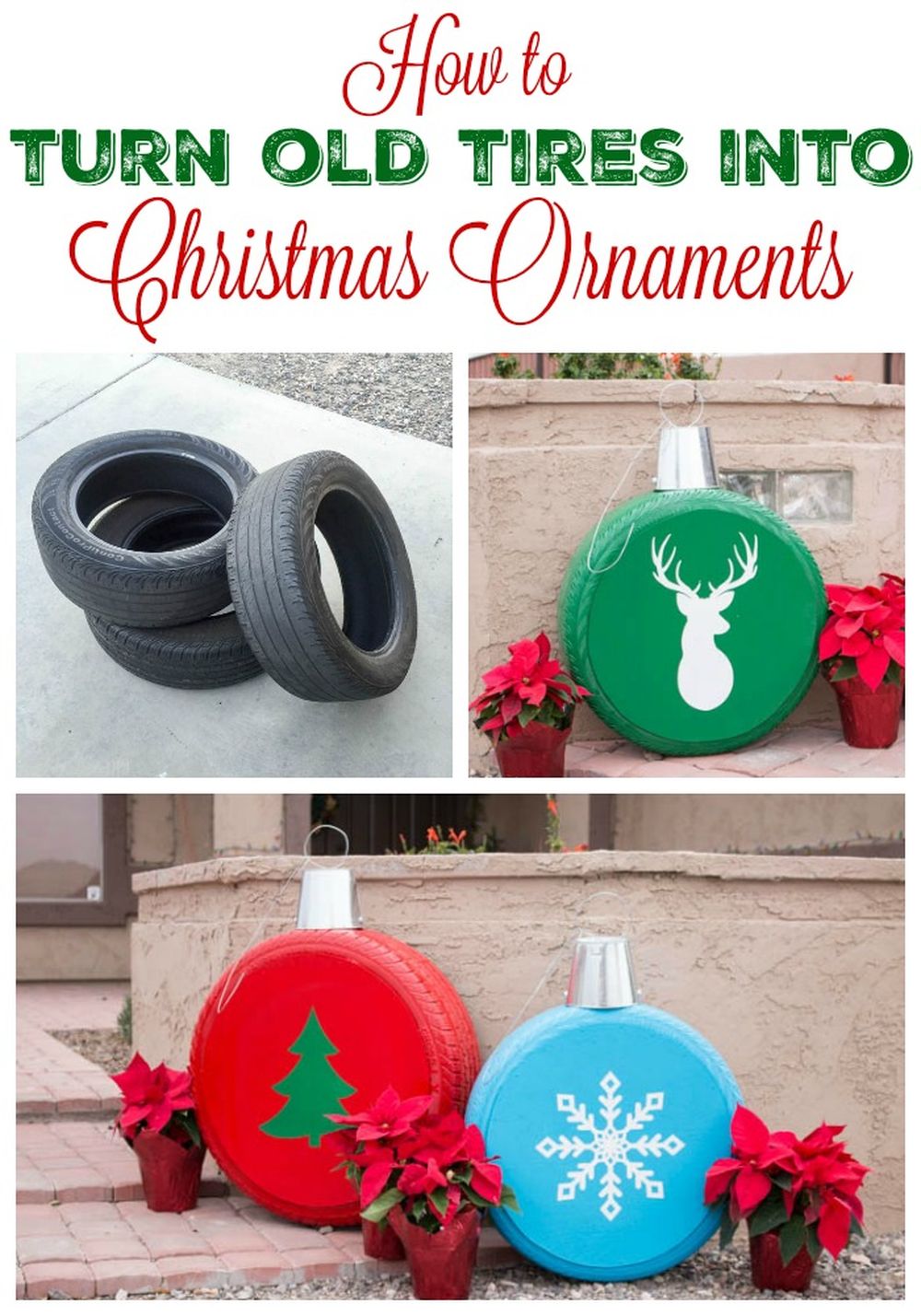 Giant christmas ornaments from old tires lawn decorations