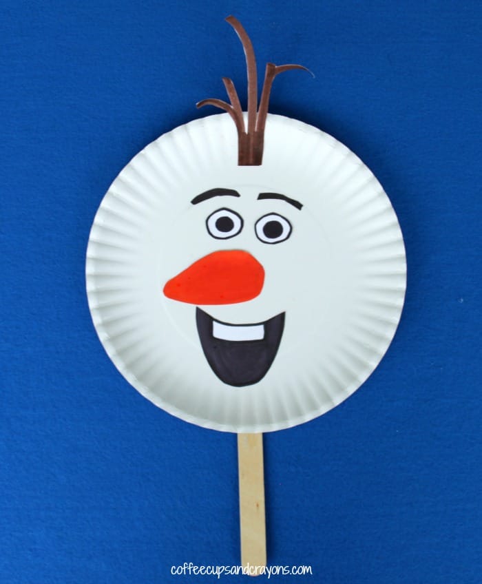 Olaf paper plate and popsicle stick puppet