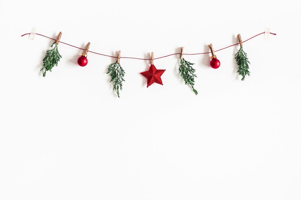 Red ornaments & fir tree branch garland christmas wall decor