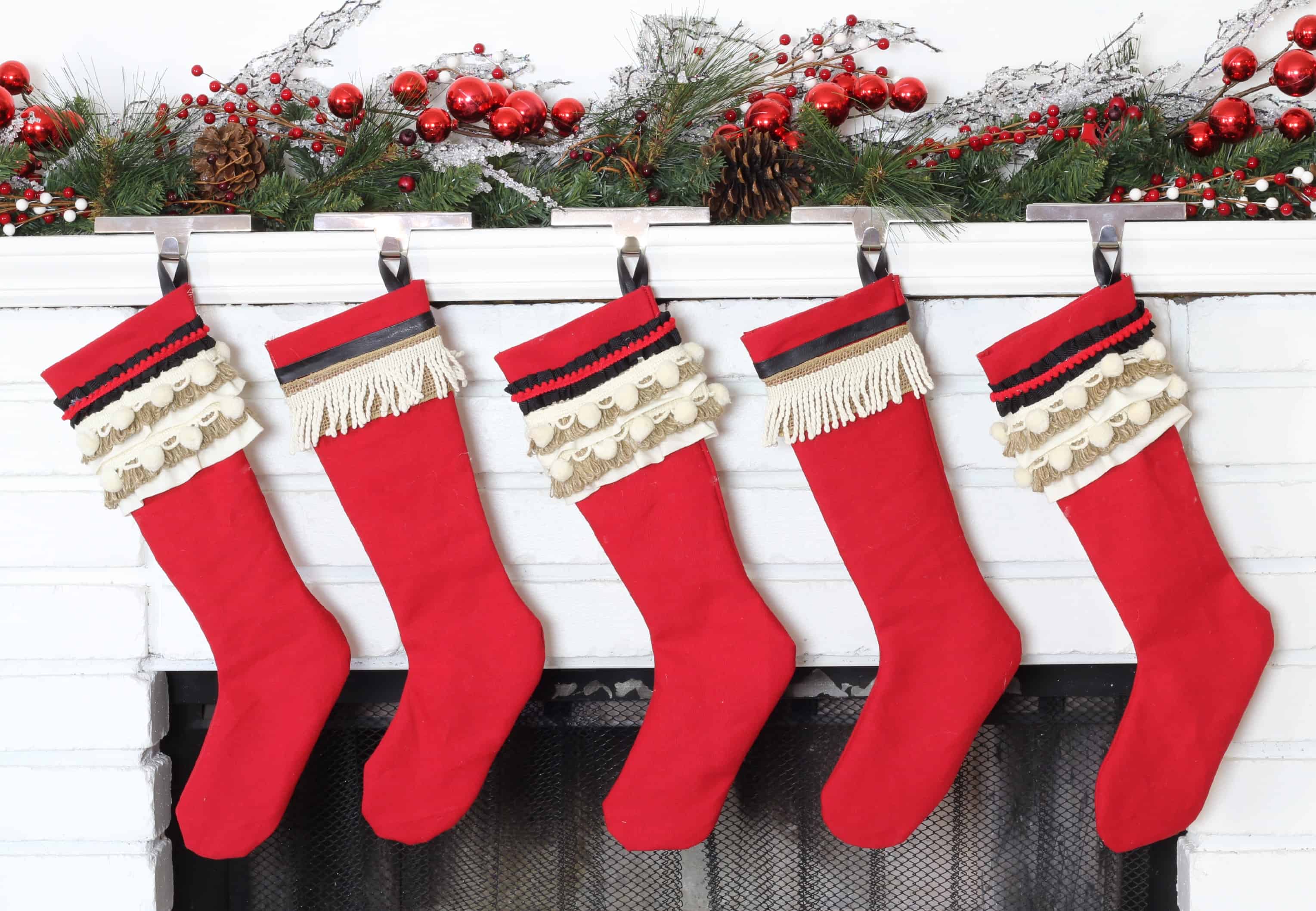 Vintage Fringe and Pom Pom Trim Christmas Stockings