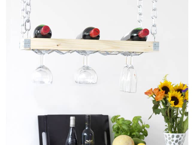 Wood and chain hanging wine rack