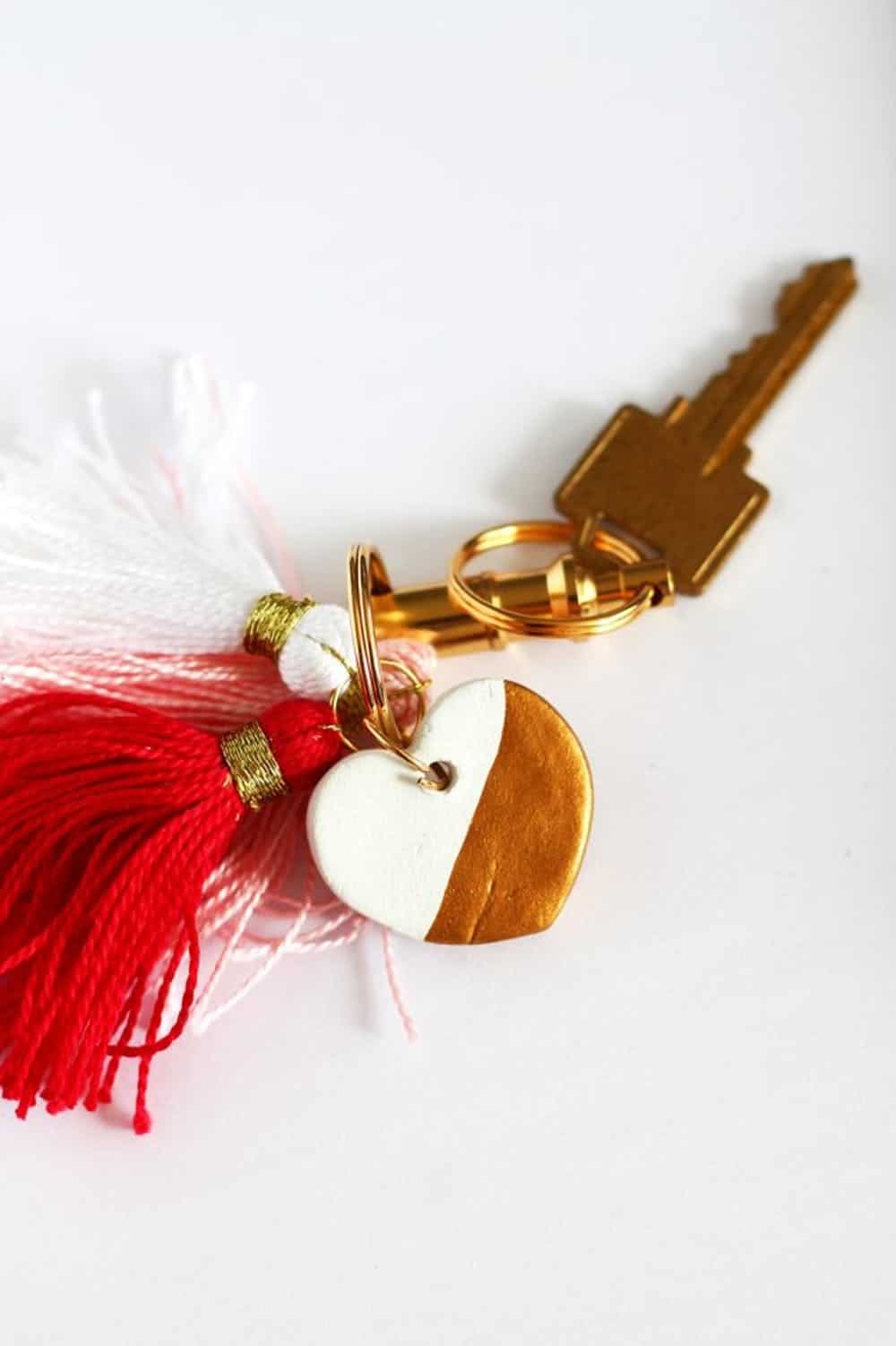 Paint dipped clay heart key chain