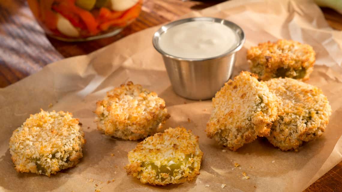 Buffalo oven fried pickle chips with blue cheese dip