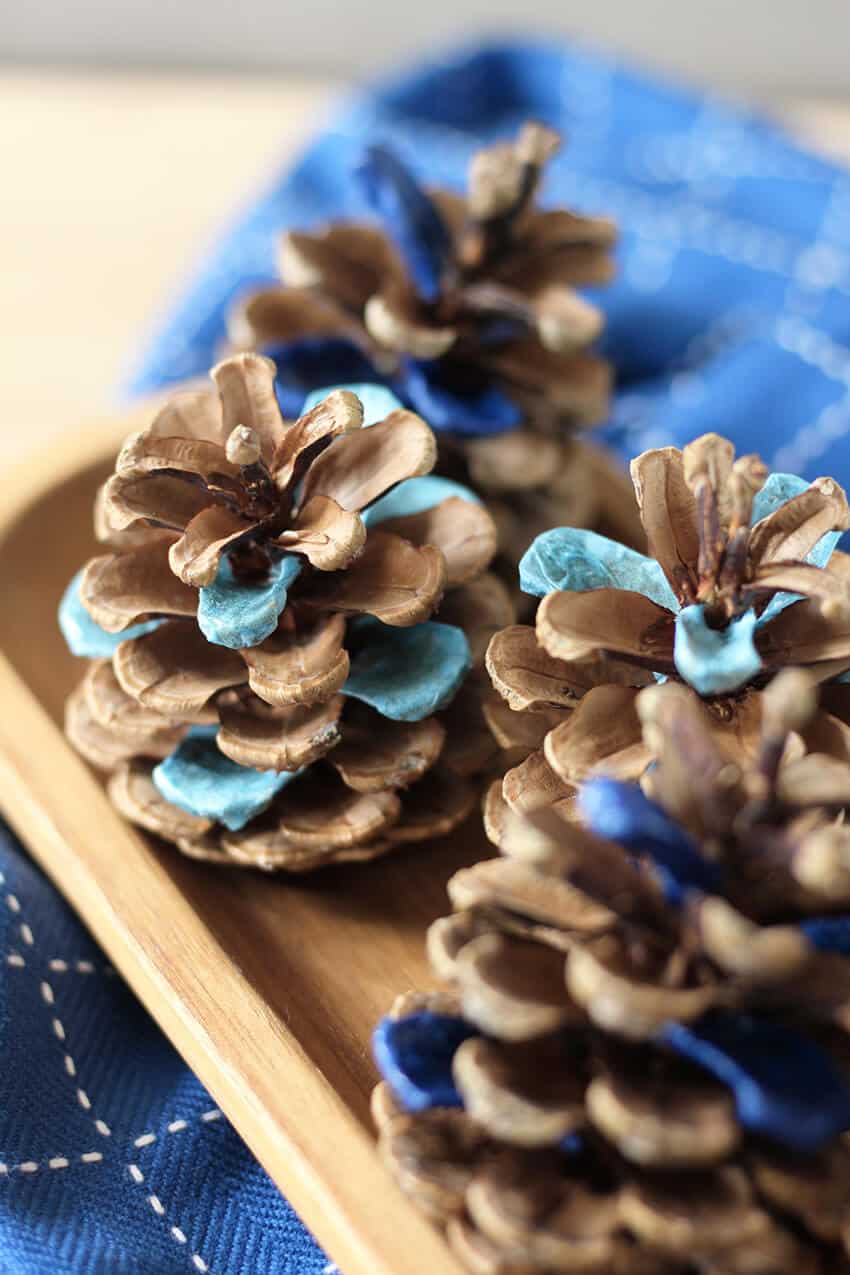 Brown and blue decoupaged colour blocked pine cones