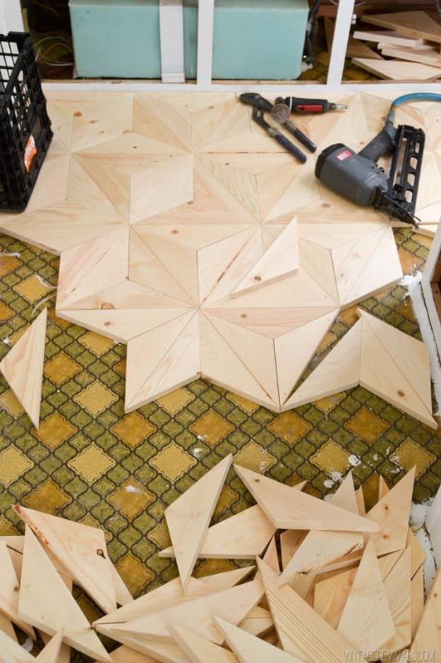 Geomatric wood moasic flooring