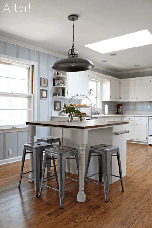Kitchen island seating upgrade using dining table parts