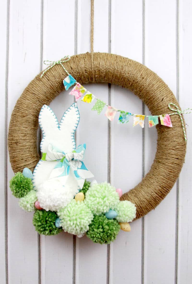 Yarn-Wrapped Easter Wreath with Bunny and Pom-Poms