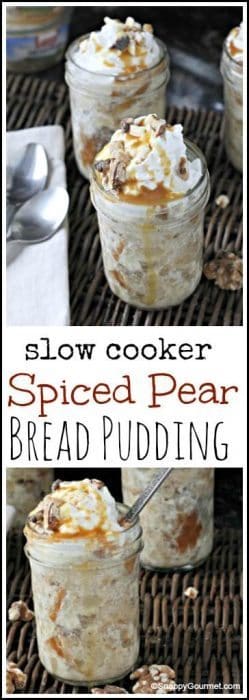 Slow cooker spiced pear bread pudding