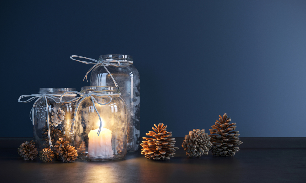 Diy mason jar with candles and pinecones