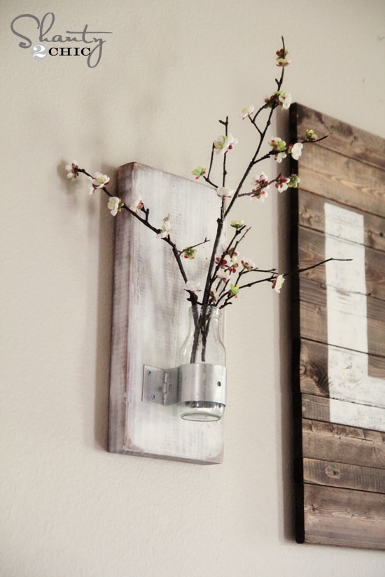 Glass bottle and reclaimed wood wall vase