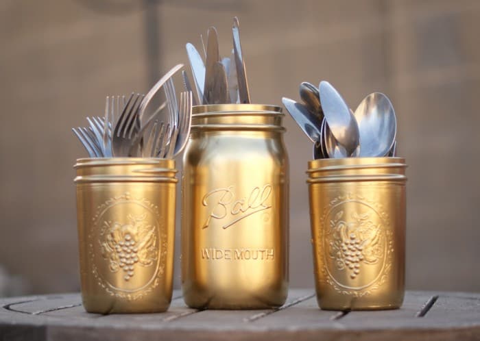 Gold painted mason jar cutlery storage