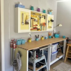 Smaller pegboard cabinet and matching workbench