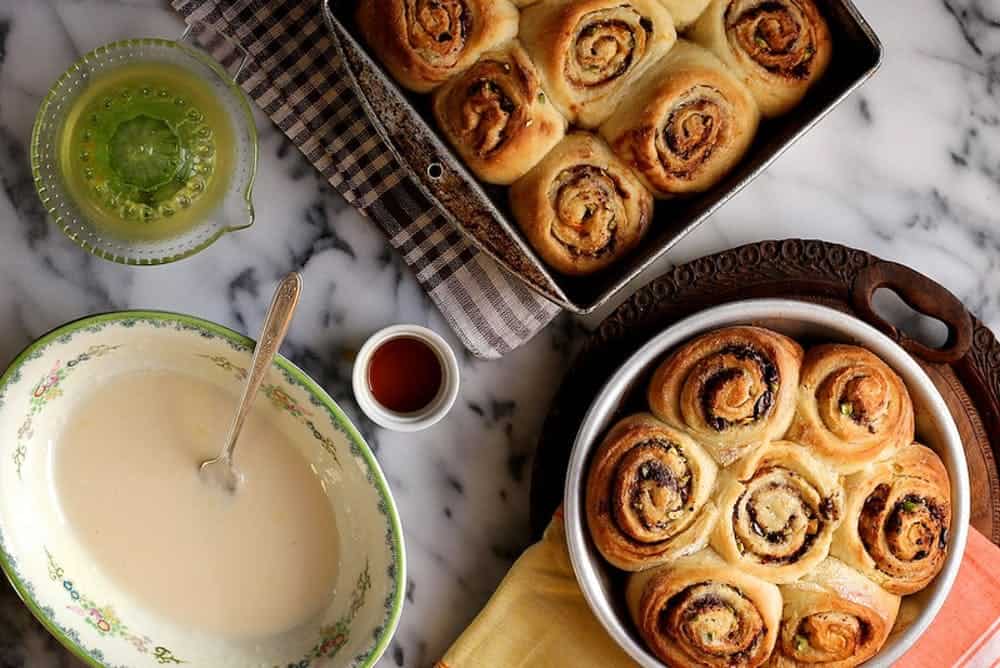 Pistachio orange and dark chocolate cinnamon buns