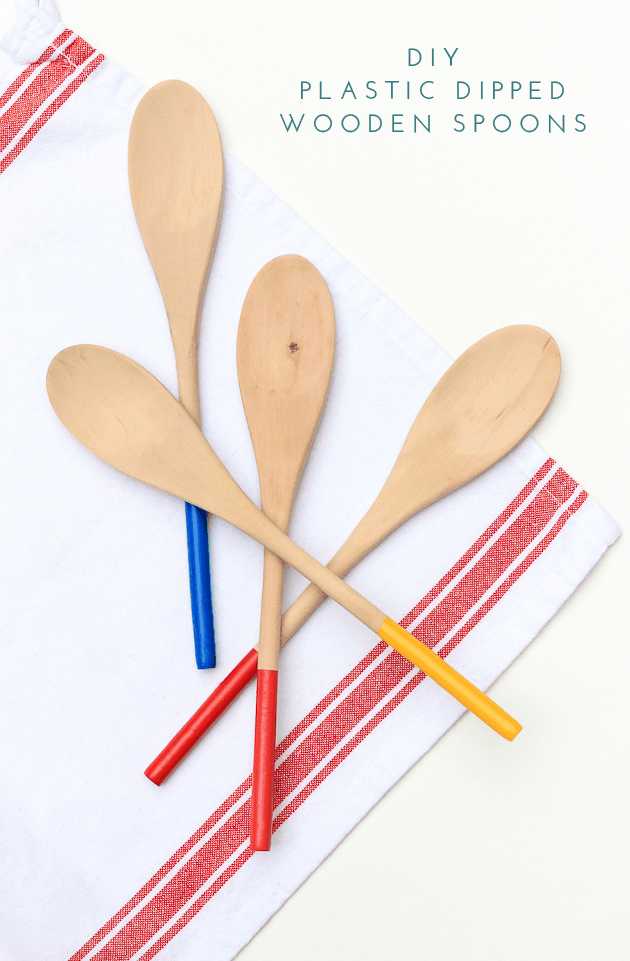 Colourful plastic dipped wooden spoons