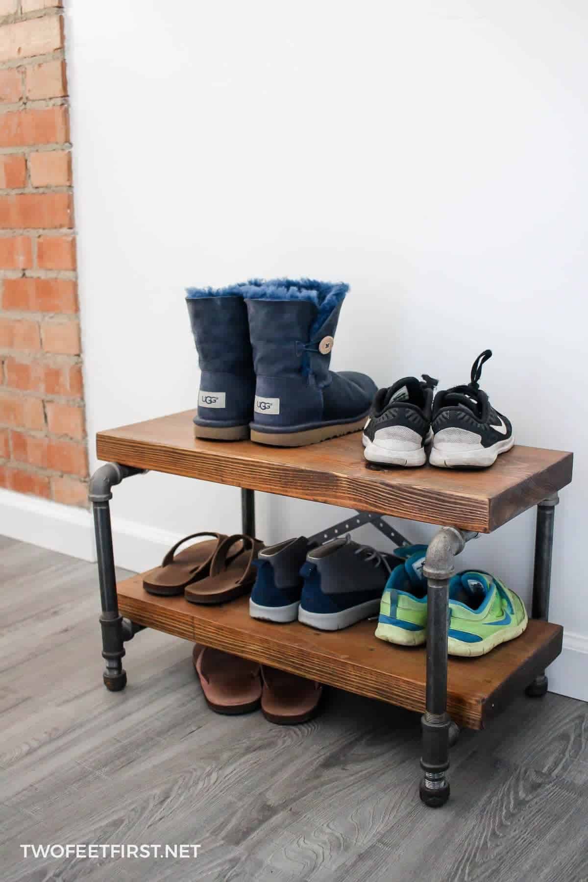 Diy industrial pipe shoe rack