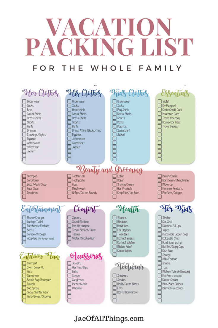 لیست بسته بندی تعطیلات خانوادگی
