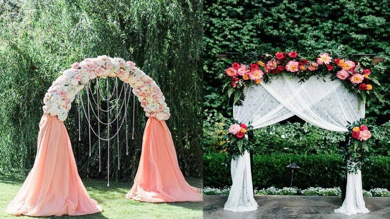 Flower, fabric, and hanging bead arch