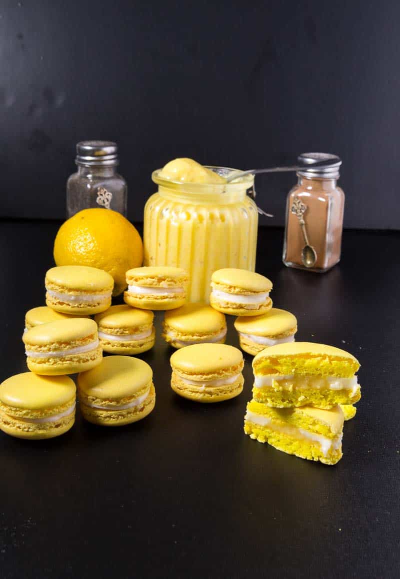 Lemon french macarons with lemon curd and swiss merinuge butterc