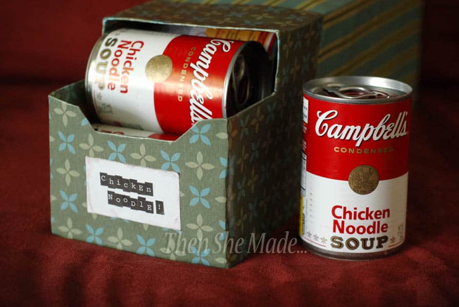 Recycled storage box to store soup cans