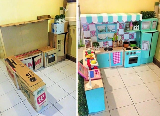 Stunning kids kitchen from cardboard boxes
