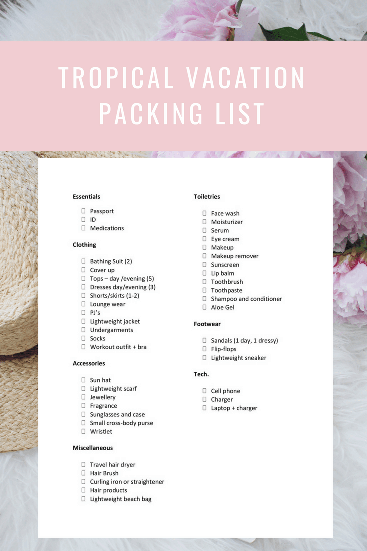 Tropical vacation packing list