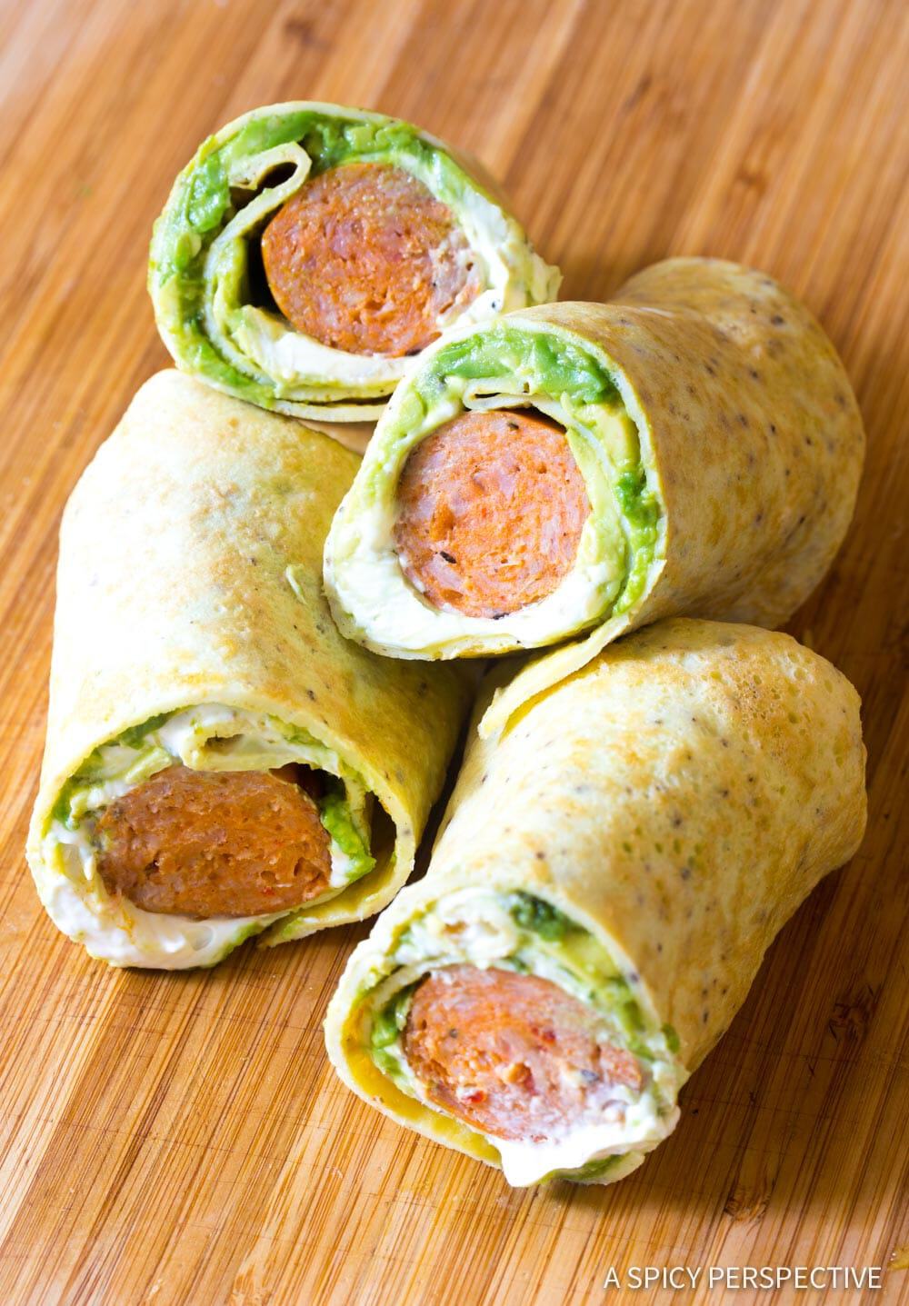 Avocado and chicken sausage egg wraps