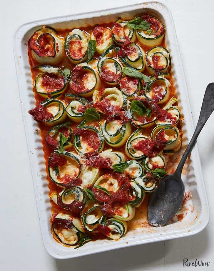 Baked zucchini ziti spirals with mozzarella