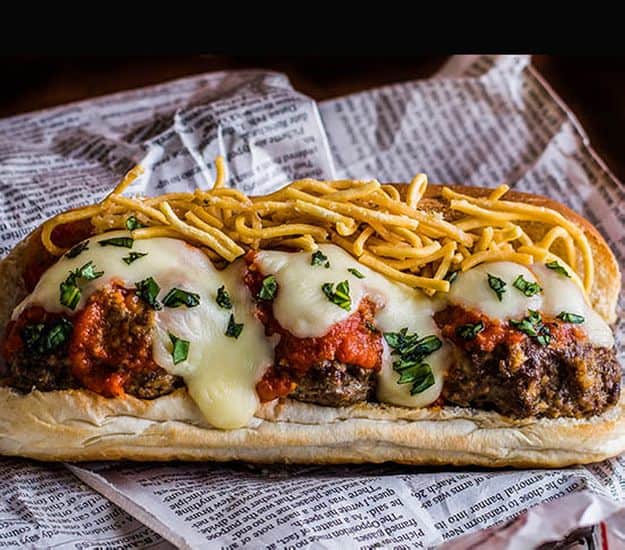 Meatball parm subs with deep fried pasta