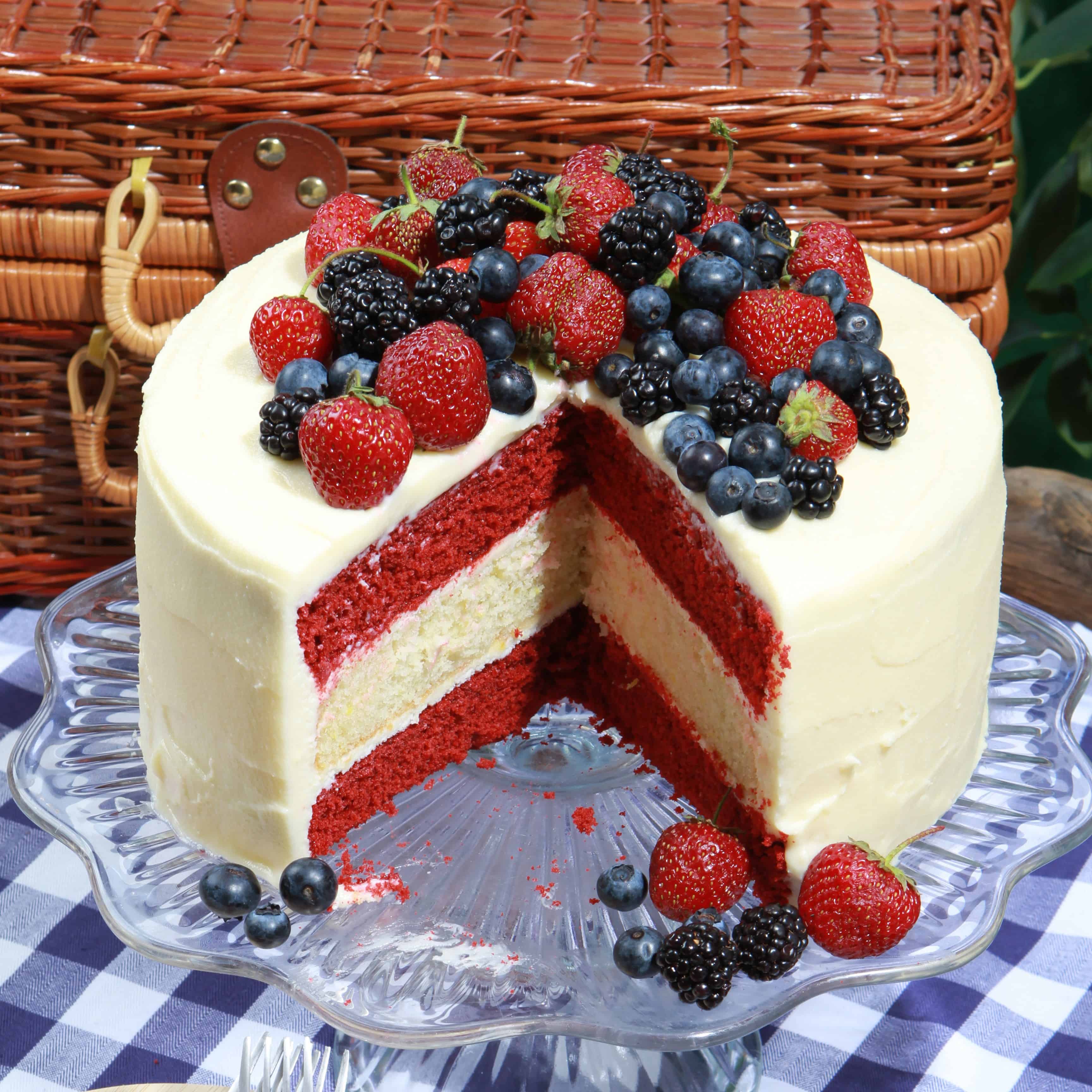 Red, white, and blue berry and sponge cake