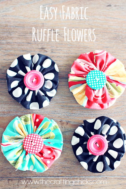 Fabric ruffle flowers with button centres