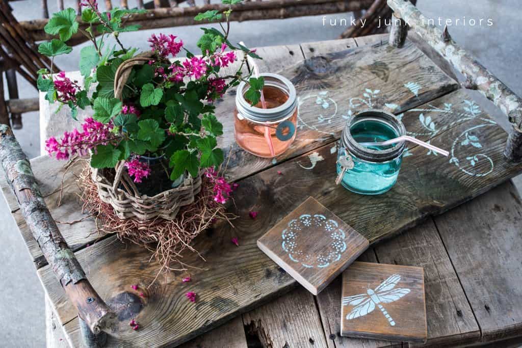 Rustic planter tray with branch handles